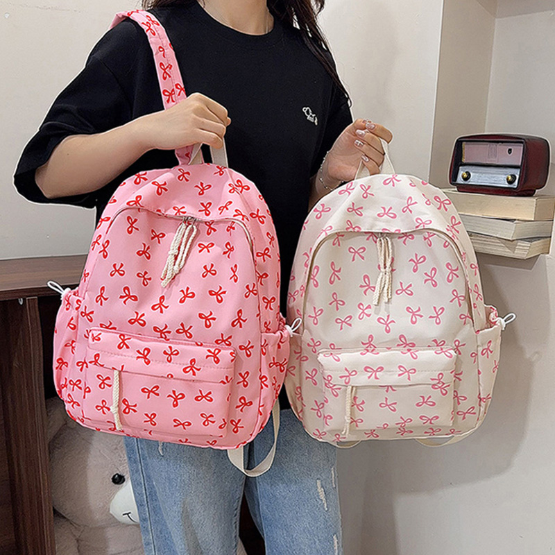 School Backpack Teen - Cute Bow Print Backpack Nylon Casual